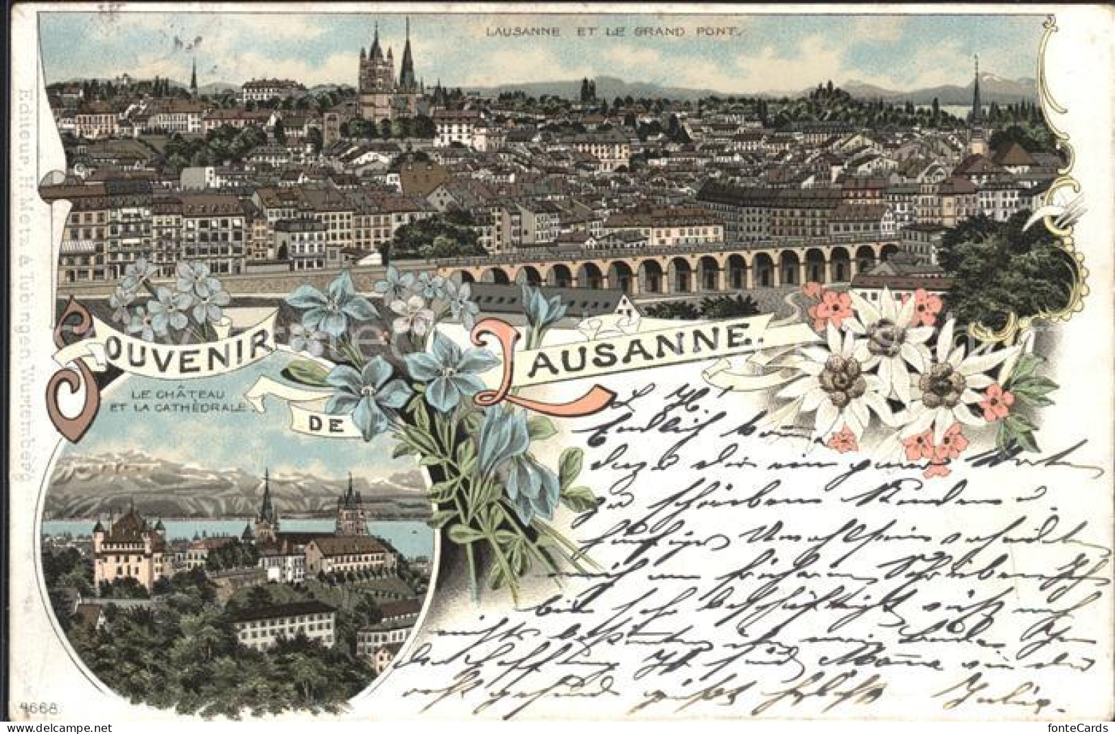 11943343 Lausanne VD Grand Pont Le Chateau Et La Cathedrale Litho Lausanne VD - Sonstige & Ohne Zuordnung