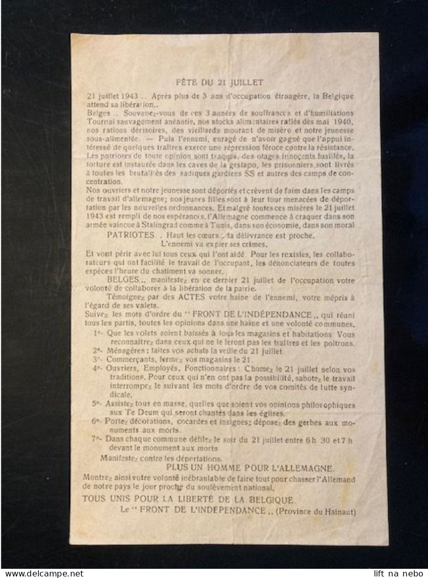 Tract Presse Clandestine Résistance Belge WWII WW2 'Fête Du 21 Juillet' 21 Juillet 1943 .. Après Plus De 3 Ans... - Dokumente