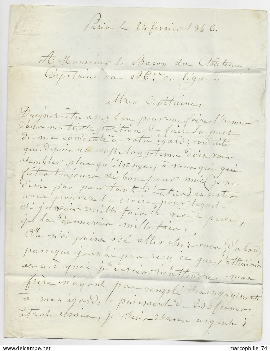 PETITE POSTE I 16 1846 LETTRE POUR CAPITAINE 36 E LIGNE PARIS INDICE 14 - 1801-1848: Précurseurs XIX