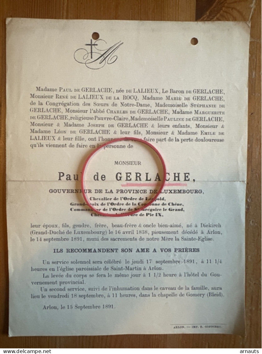 Paul De Gerlache Gouverneur Luxembourg *1838 Diekirch Grand-Duche Luxembourg +1891 Arlon Gomery Bleid De Lalieux De La R - Décès