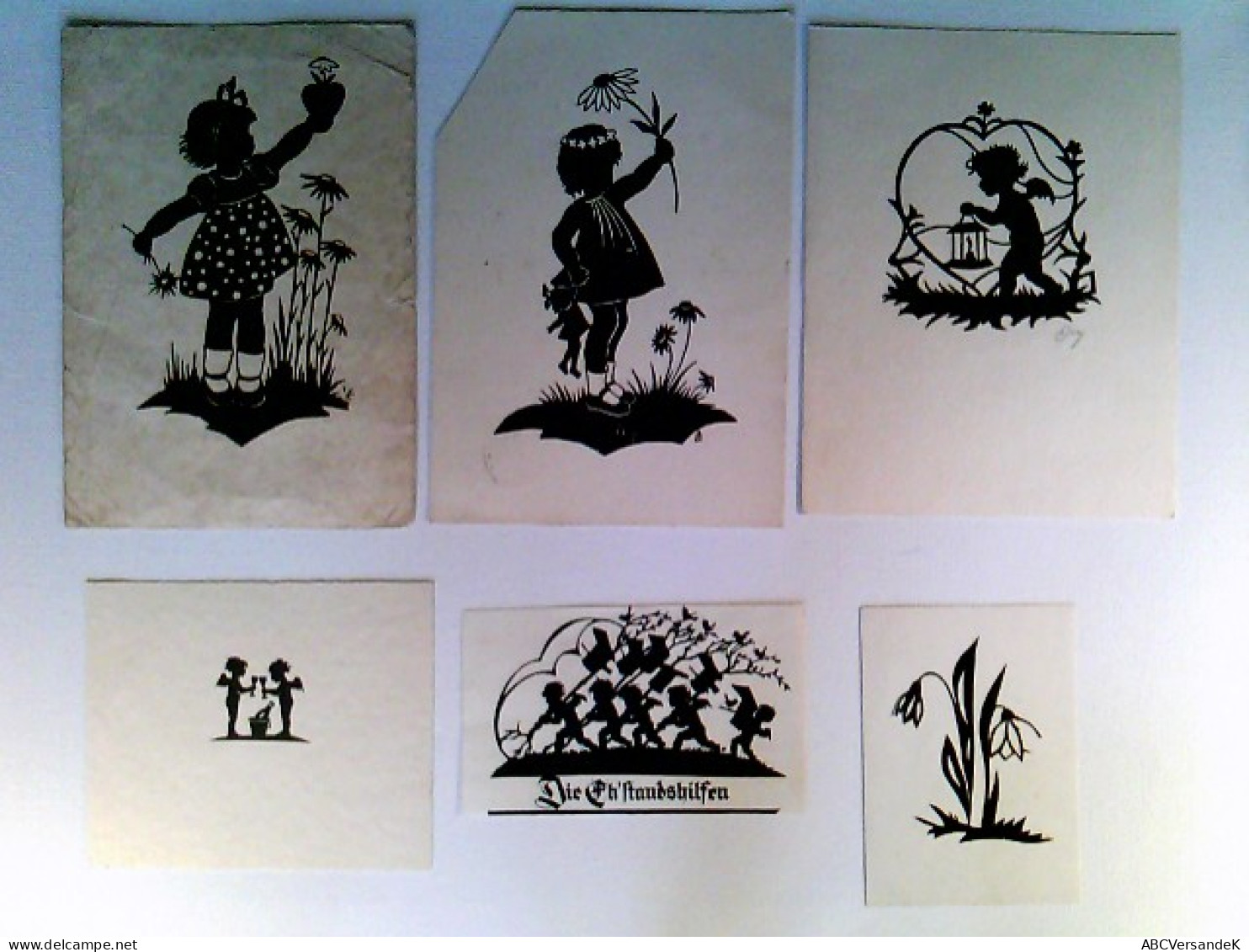 Kinder Engel, Blumen, Scherenschnitt, Schattenschnitt, 2 Künstler AK + 4 Bilder, 2x Gelaufen/geschrieben 1940 - Unclassified