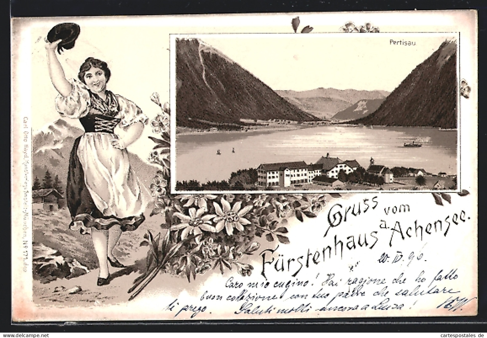 Lithographie Pertisau, Fürstenhaus A. Achensee, Frau In Tracht Winkt Mit Dem Hut  - Altri & Non Classificati