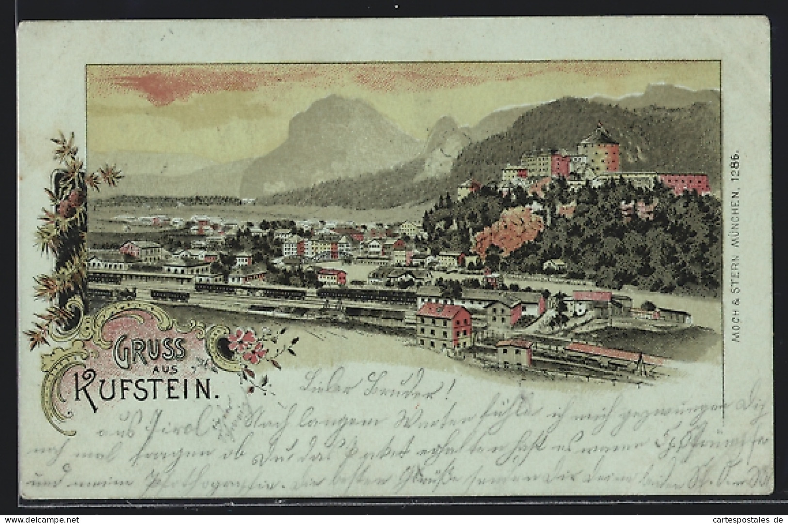 Lithographie Kufstein, Stadtansicht Im Abendrot, Bahnhof  - Altri & Non Classificati