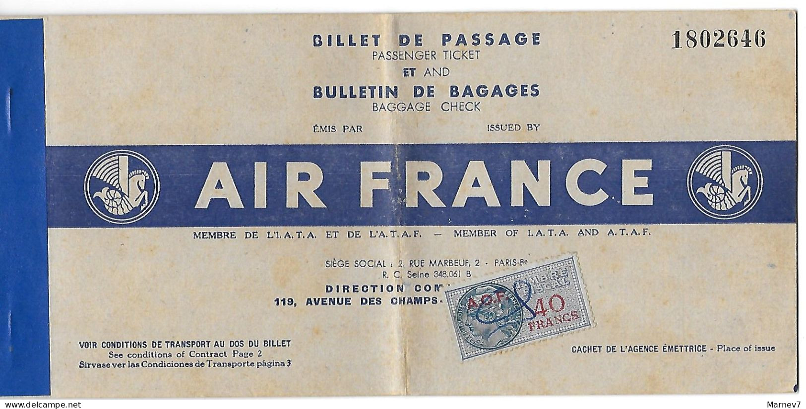Billet D'AVION De Passage - PARIS-ABIDJAN -transport Aérien - AIR FRANCE 1952 -Timbre Fiscal 40 Francs AOF Côte D'IVOIRE - Andere & Zonder Classificatie
