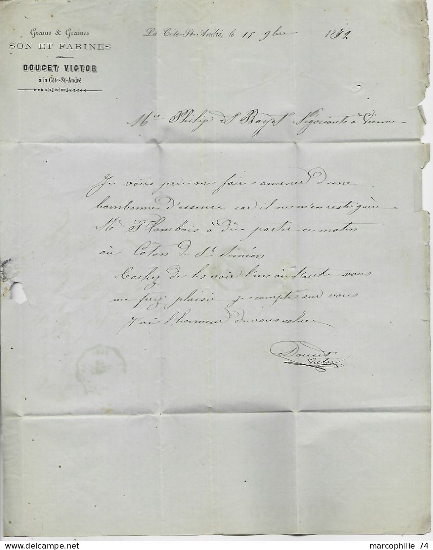 FRANCE CERES 25C VARIETE GRIFFE LETTRE GC CONVOYEUR STATION LA SOTE ST ANDRE ISERE 1872 - 1871-1875 Cérès