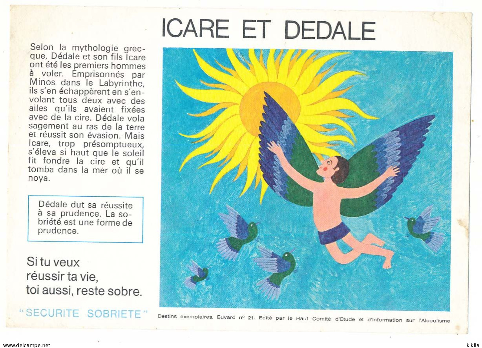 Buvard 19.9 X 13.9  ICARE ET DEDALE Sécurité Sobriété N° 21  Haut Comité D'Etude Et  D'information Sur L'Alcoolisme - Peintures