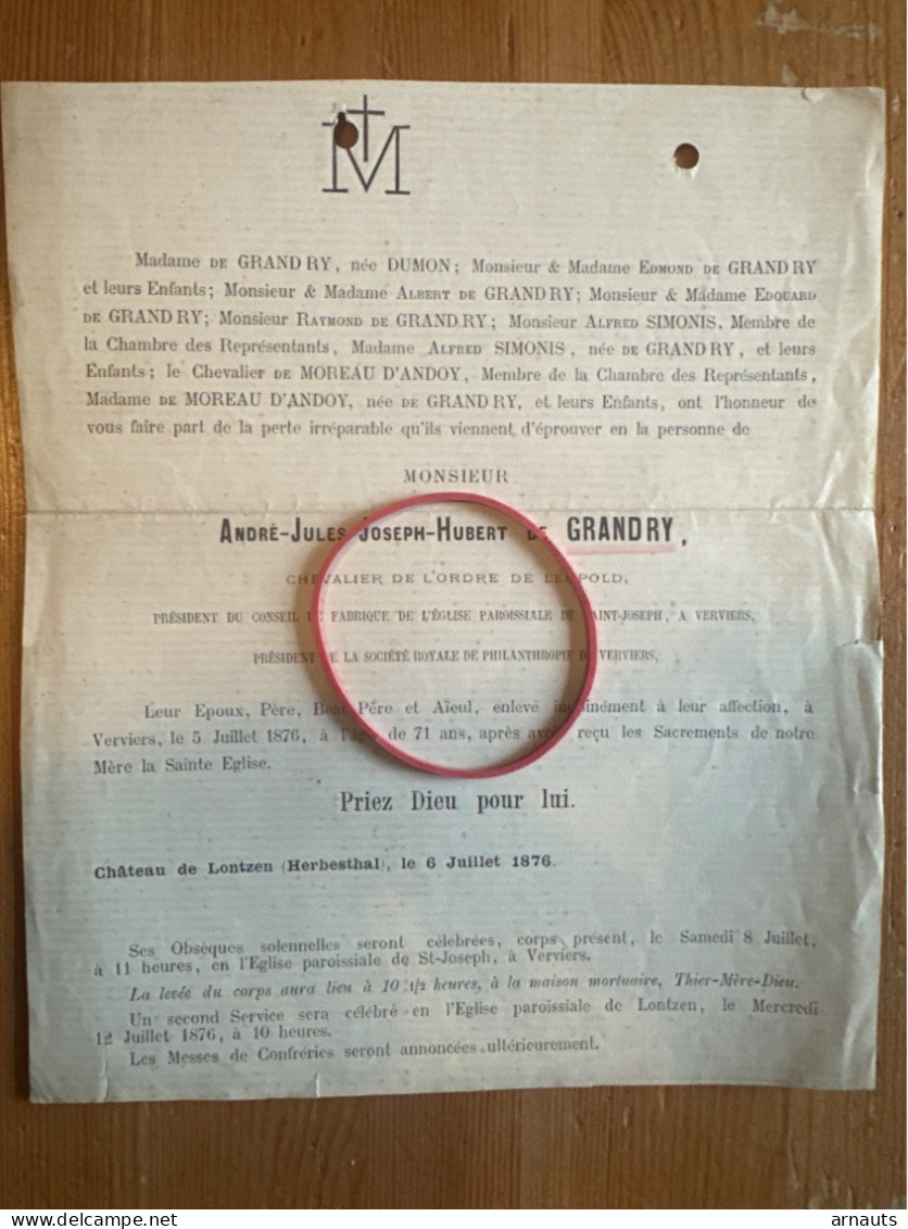 André De Grandry *1805+1876 Verviers Chateau De Lontzen Herbesthal Dumon De Moreau D’Andoy - Obituary Notices