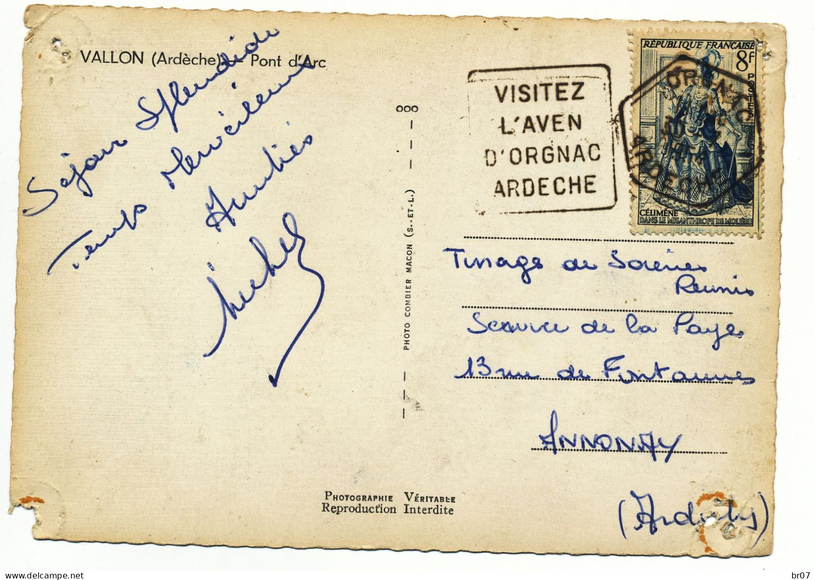 ARDECHE CP 1954 ORGNAC DAGUIN VISITEZ L'AVEN D'ORGNAC ARDECHE AGENCE POSTALE - 1921-1960: Période Moderne