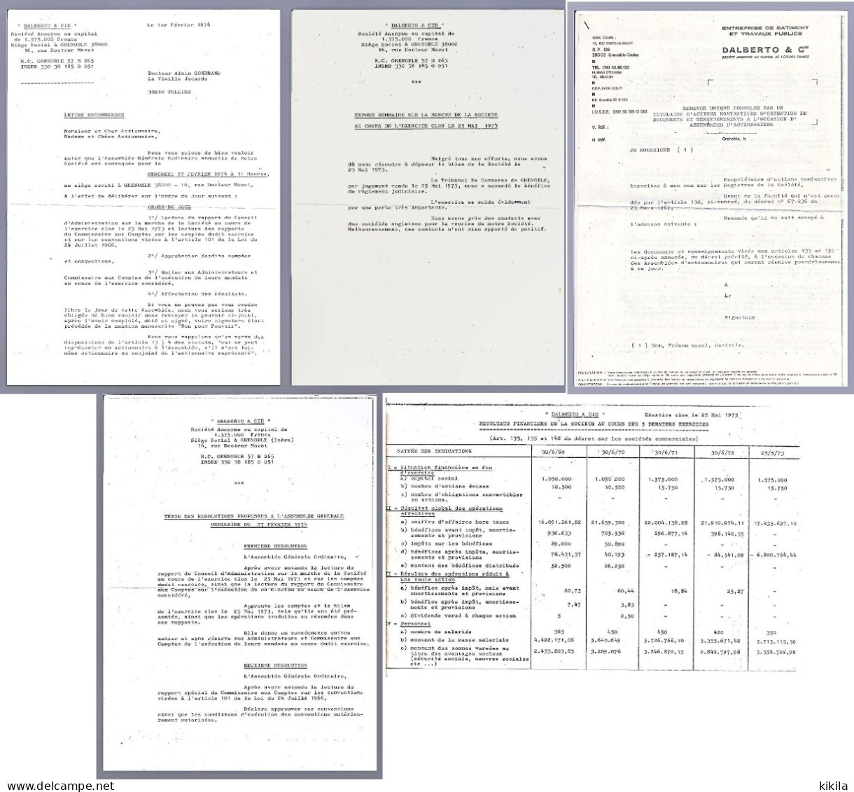 Société DALBERTO & CIE Grenoble Isère Convocation à L'AG Du 27-02-1974 Avec Ensemble De Documents Sur Le Dépôt De Bilan* - Zonder Classificatie