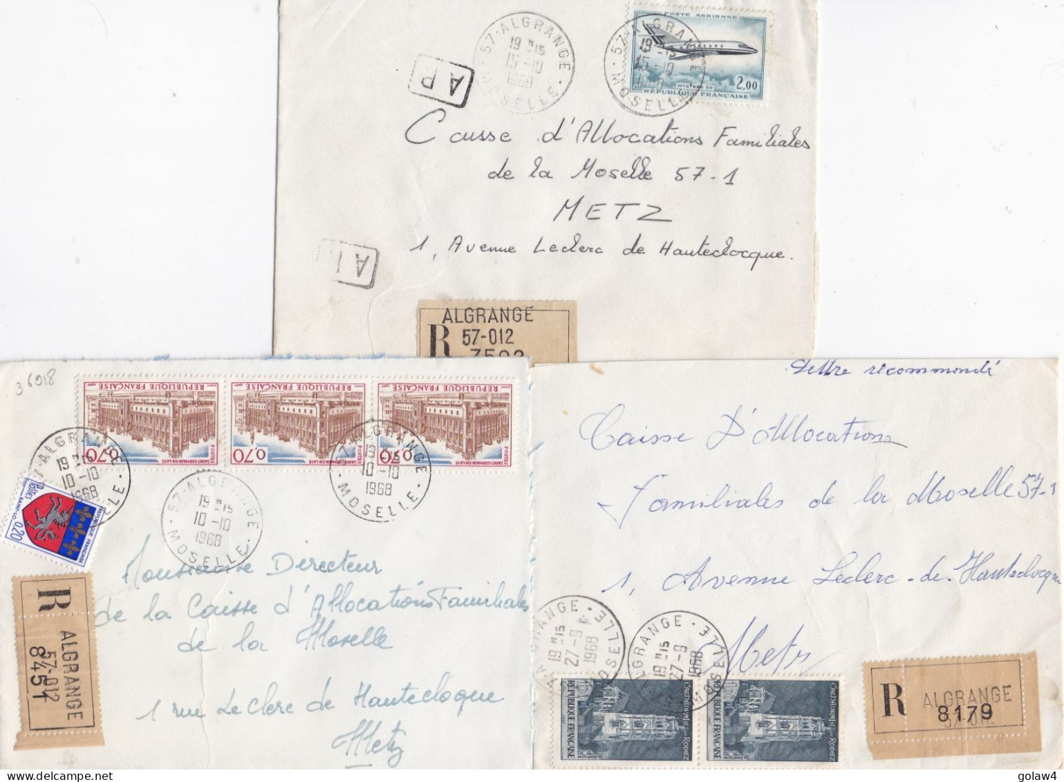 36918# LOT 3 LETTRES FRANCHISE PARTIELLE RECOMMANDE Obl 57 ALGRANGE MOSELLE 1967 - 1968 Pour METZ - Cartas & Documentos