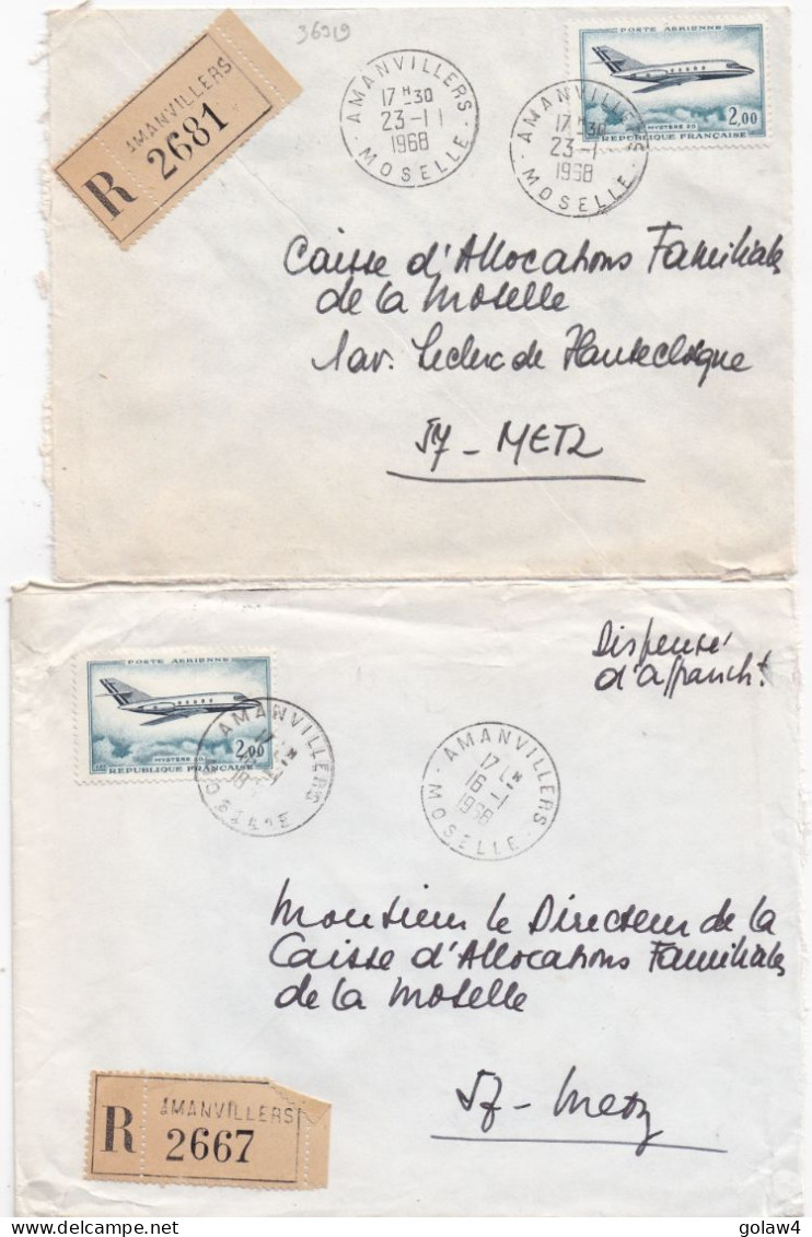 36919# LOT 2 LETTRES FRANCHISE PARTIELLE RECOMMANDE Obl AMANVILLERS MOSELLE 1968 Pour METZ - Lettres & Documents