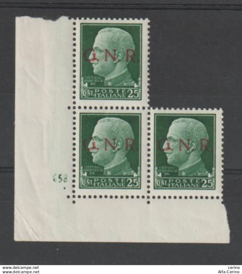 R.S.I.:  1944  SOPRASTAMPATO  -  25 C. VERDE  N. -  RIPETUTO  3  VOLTE  -  SASS. 474 - Neufs