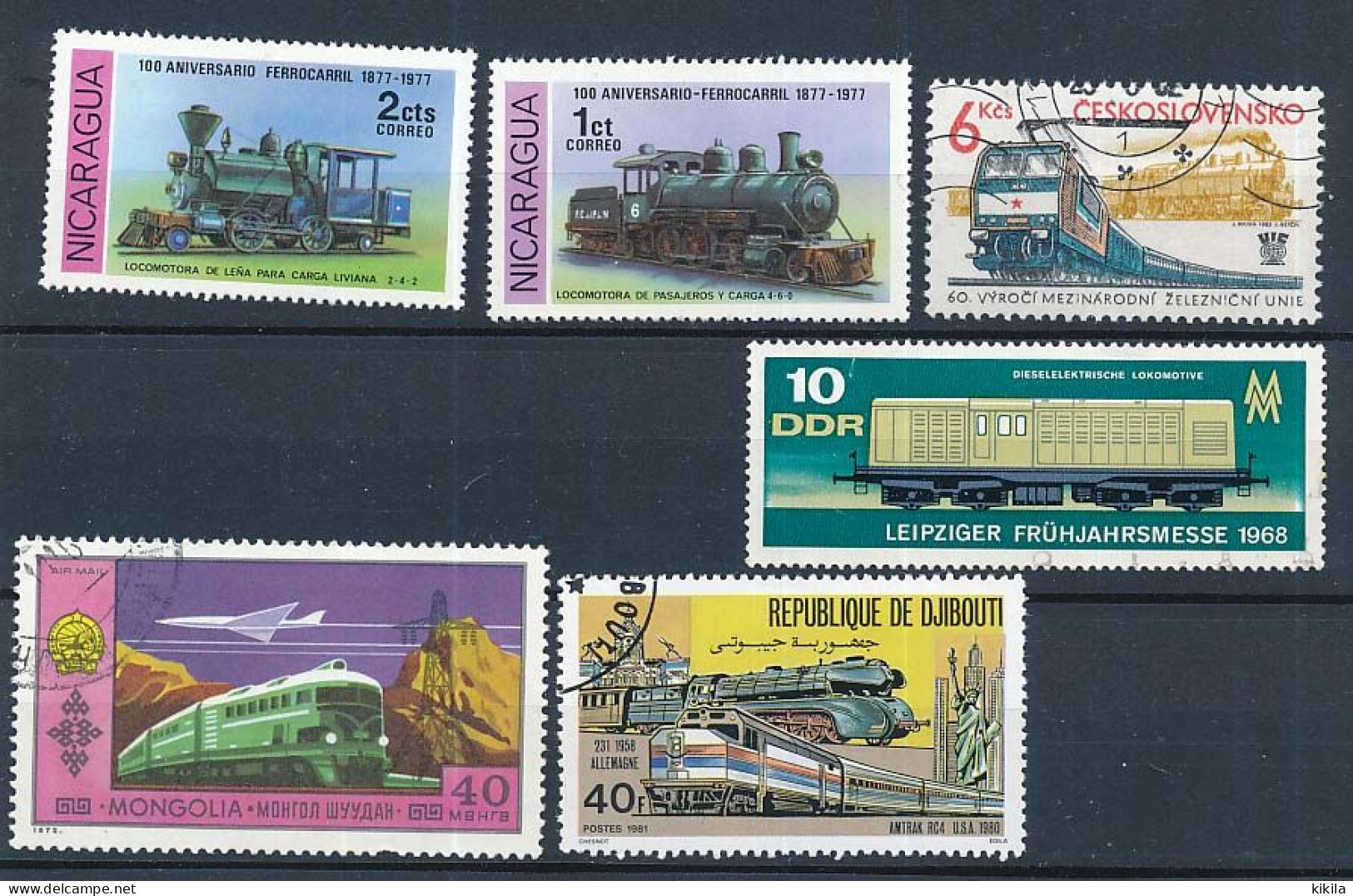 6 Timbres Postes Oblitérés Nicaragua, Tchécoslovaquie, Allemagne Est DDR, Mongolie, Djibouti -  XIII-9 Train Locomotive - Trains