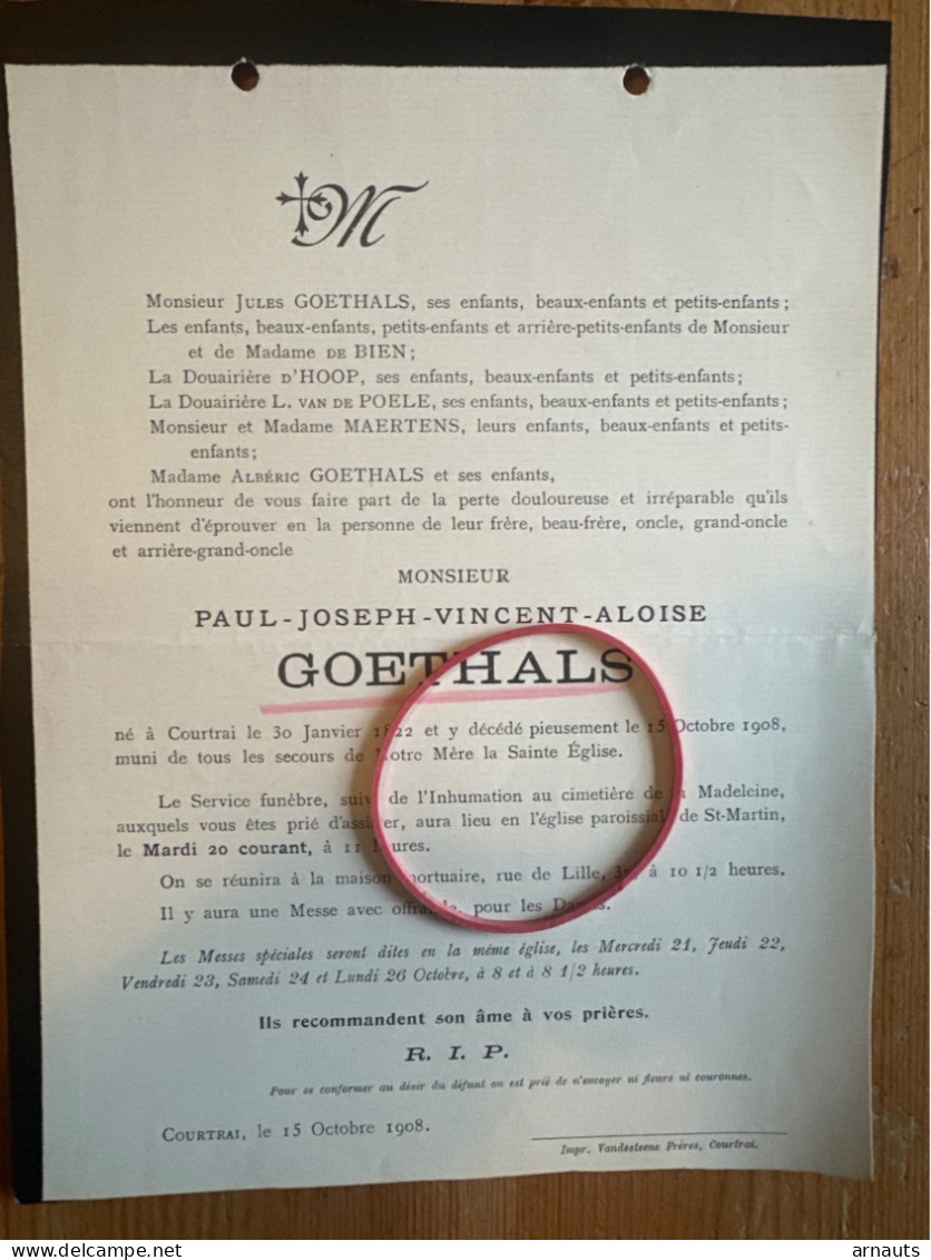Monsieur Paul Goethals *1822 Courtrai +1908 Courtrai De Bien D’Hoop Van De Poele - Obituary Notices