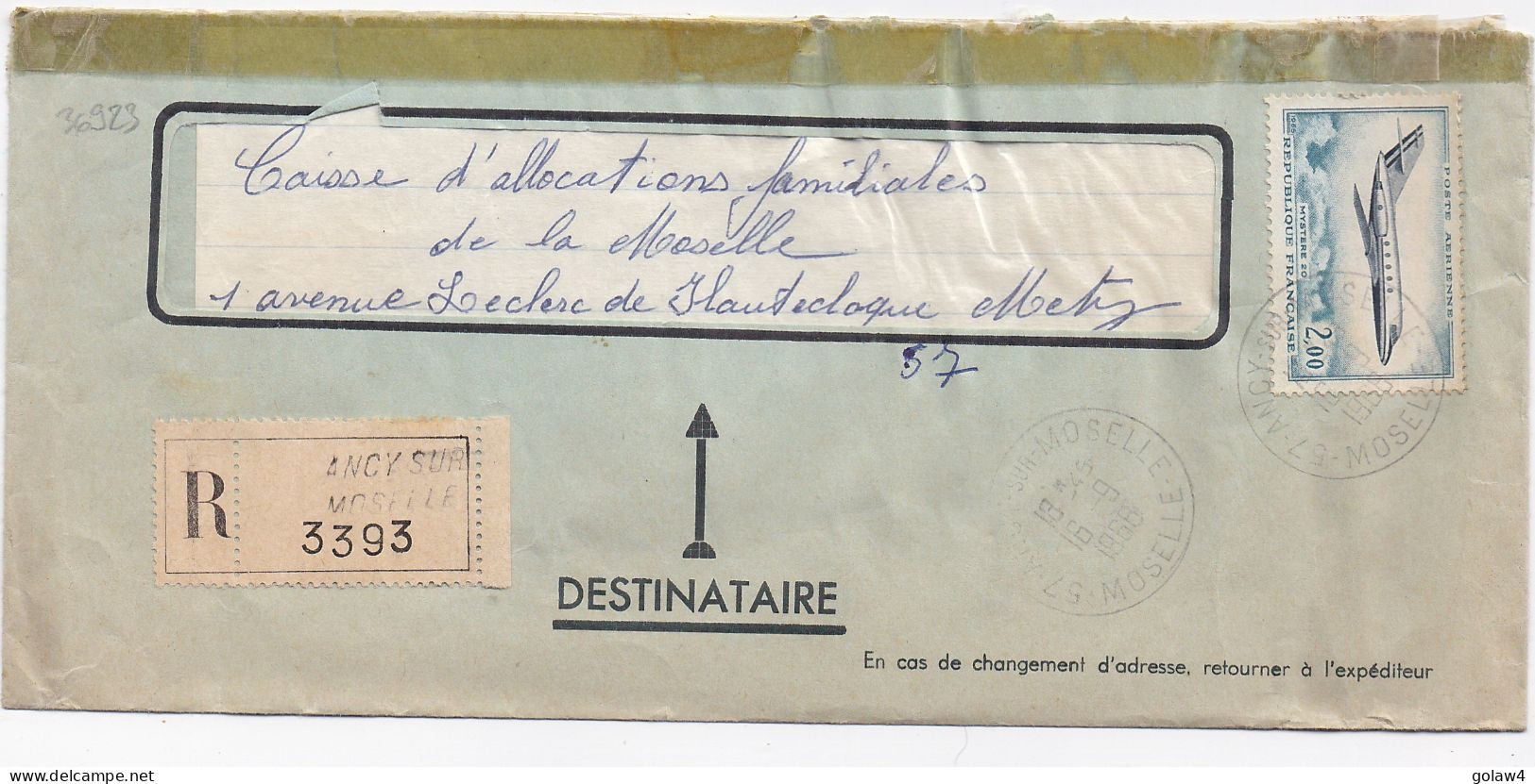 36923# LETTRE FRANCHISE PARTIELLE RECOMMANDE Obl 57 ANCY SUR MOSELLE MOSELLE 1968 Pour METZ - Storia Postale