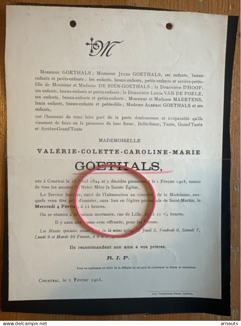 Mademoiselle Valerie Goethals *1824 Courtrai +1903 Courtrai De Bien D’Hoop Maertens Van De Poele - Décès