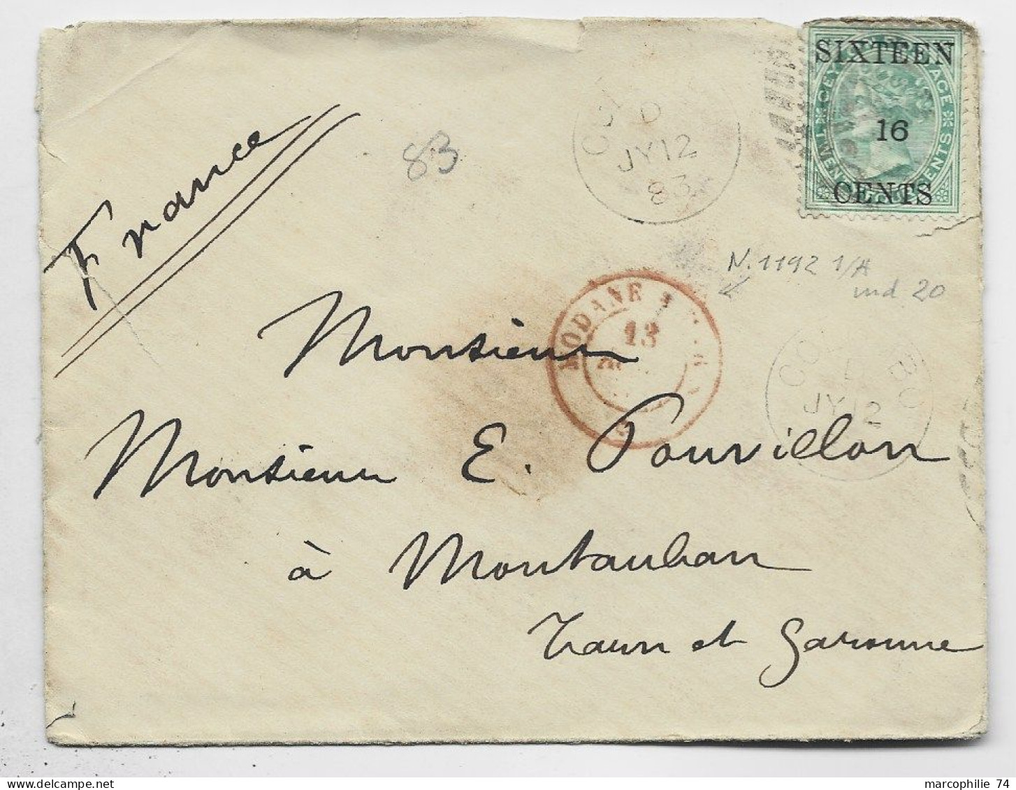 CEYLAN TWENTY FOUR CENTS SIXTEEN CENTS SOLO LETTRE COVER COLOMBO JY 12 1883 TO FRANCE - Ceylon (...-1947)