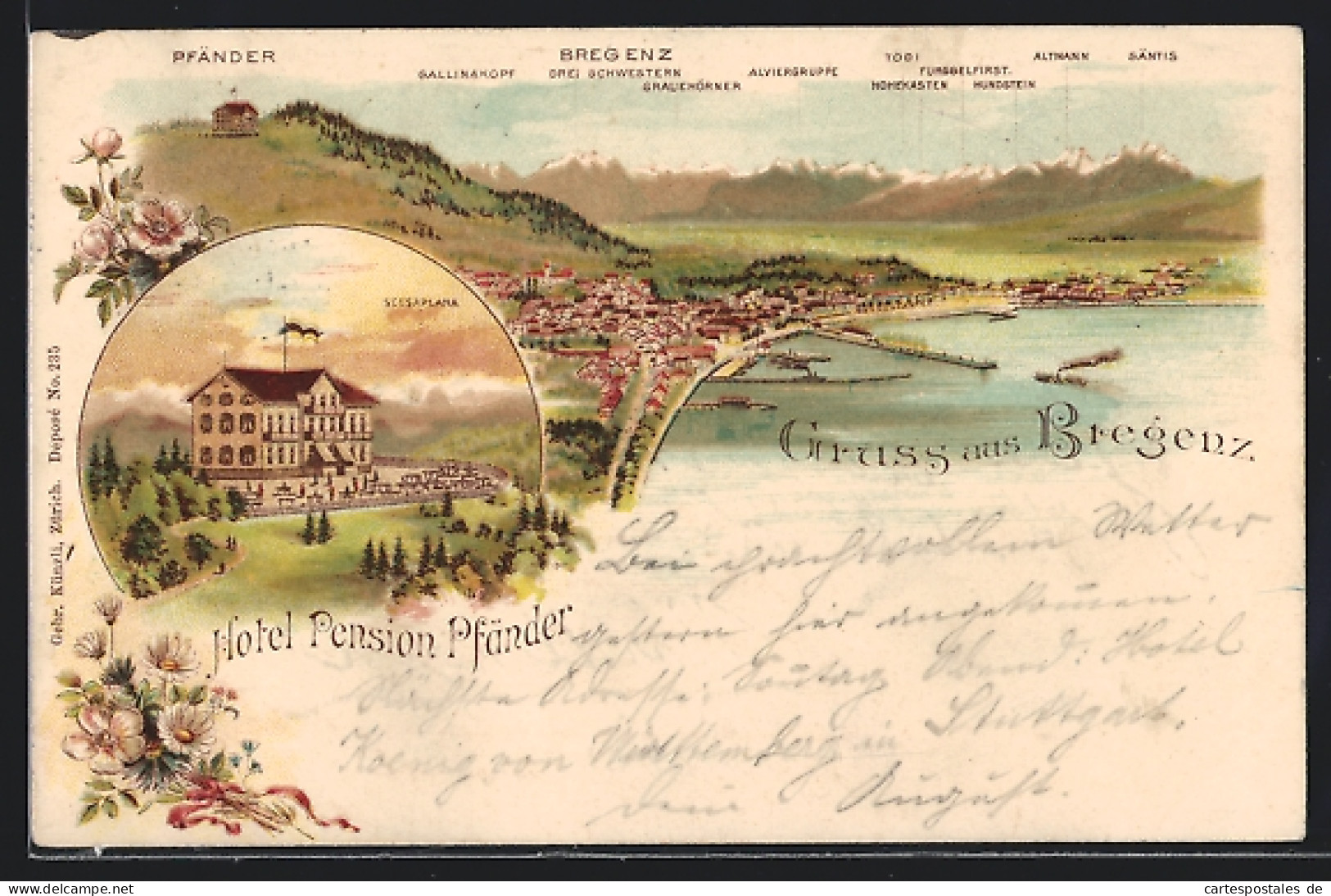 Lithographie Bregenz, Ortsansicht Aus Der Vogelschau Und Hotel Pension Pfänder  - Sonstige & Ohne Zuordnung