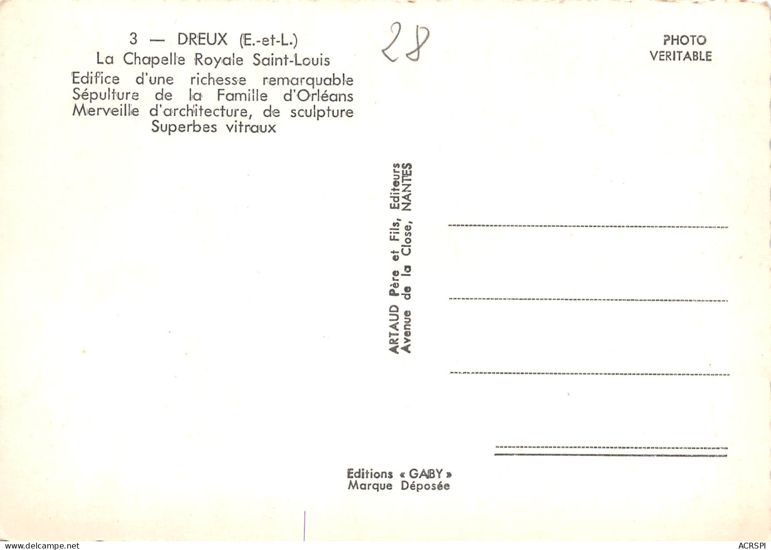 28 DREUX La Chapelle Royale Saint Louis édition Artaud   N° 151 \MK3001 - Dreux