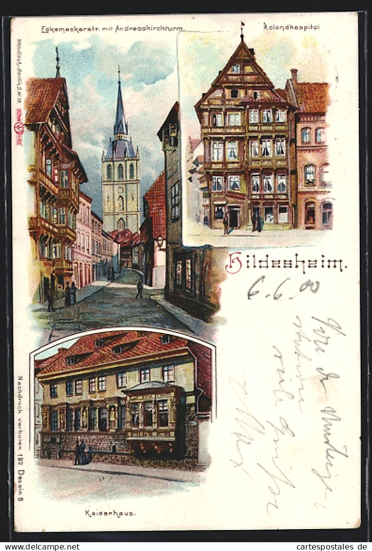 Lithographie Hildesheim, Rolandhospital, Kaiserhaus  - Hildesheim