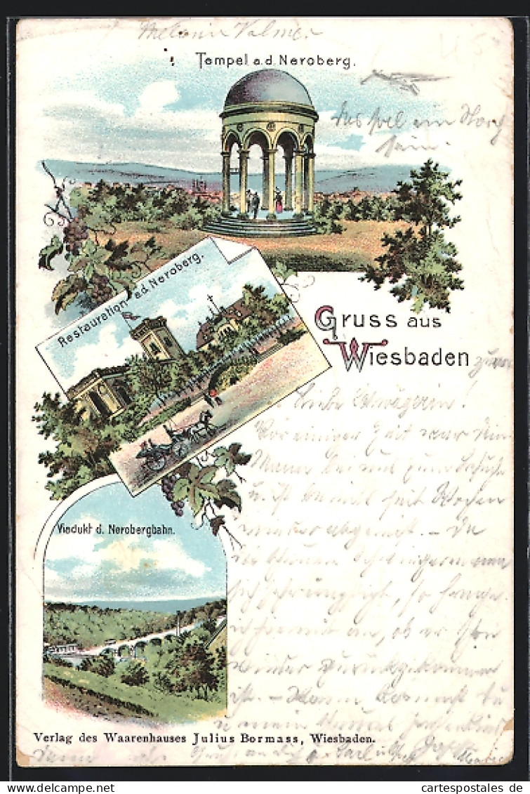 Lithographie Wiesbaden, Gasthaus Und Tempel Auf Dem Neroberg, Viadukt Der Nerobergbahn  - Wiesbaden