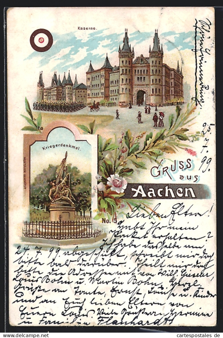 Lithographie Aachen, Kaserne Mit Soldaten, Kriegerdenkmal  - Aachen