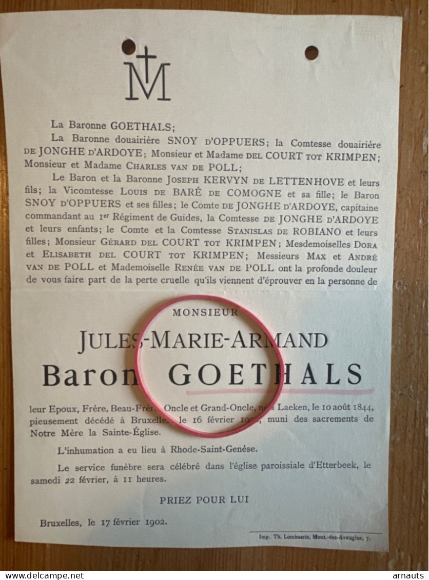 Monsieur Jules Baron Goethals *1844 Laeken +1902 Bruxelles Rhode Saint Genese Etterbeek Snoy D’Oppuurs Del Court Krimpen - Obituary Notices