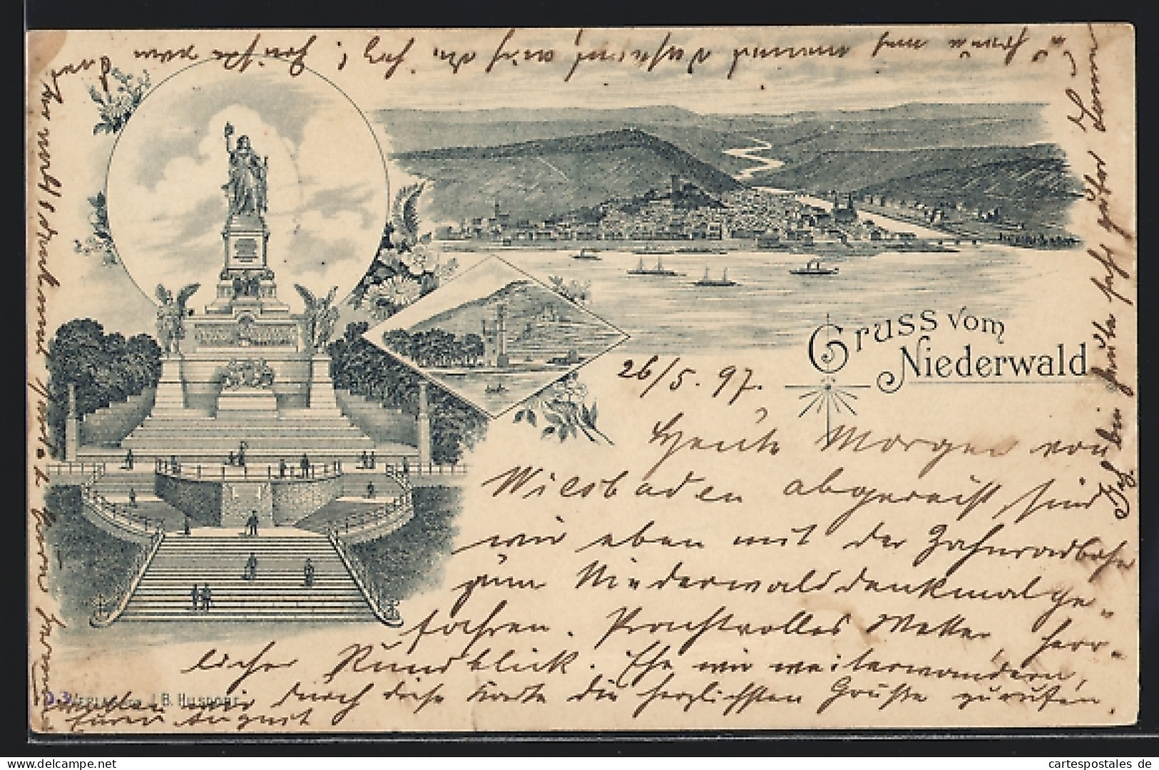 Lithographie Niederwald-Denkmal, Partie Am Denkmal Und Flusspanorama  - Otros & Sin Clasificación