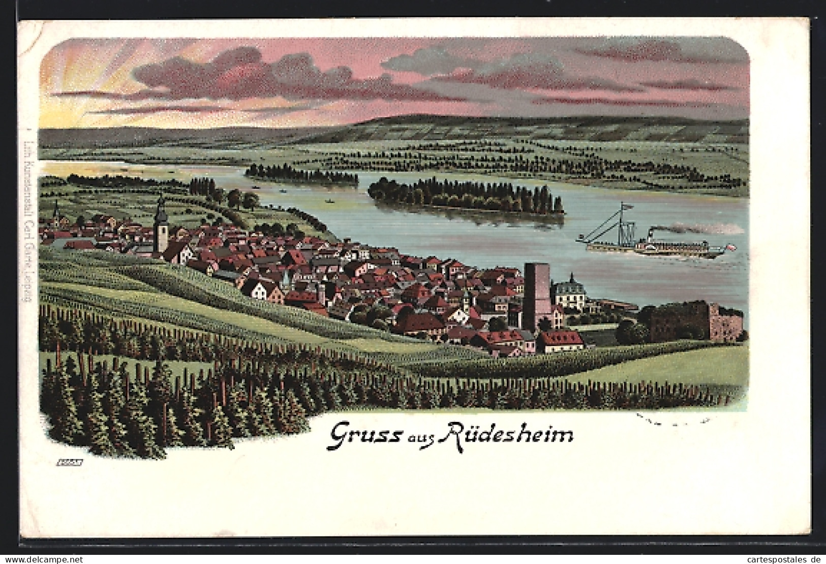 Lithographie Rüdesheim Am Rhein, Orts-Panorama Im Abendlicht, Dampfer Auf Dem Rhein  - Rüdesheim A. Rh.