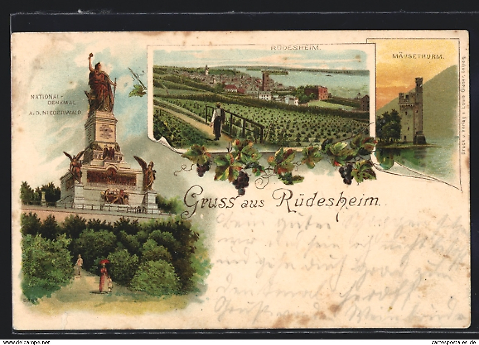 Lithographie Rüdesheim, National-Denkmal A. D. Niederwald, Mäusethurm, Gesamtansicht  - Otros & Sin Clasificación