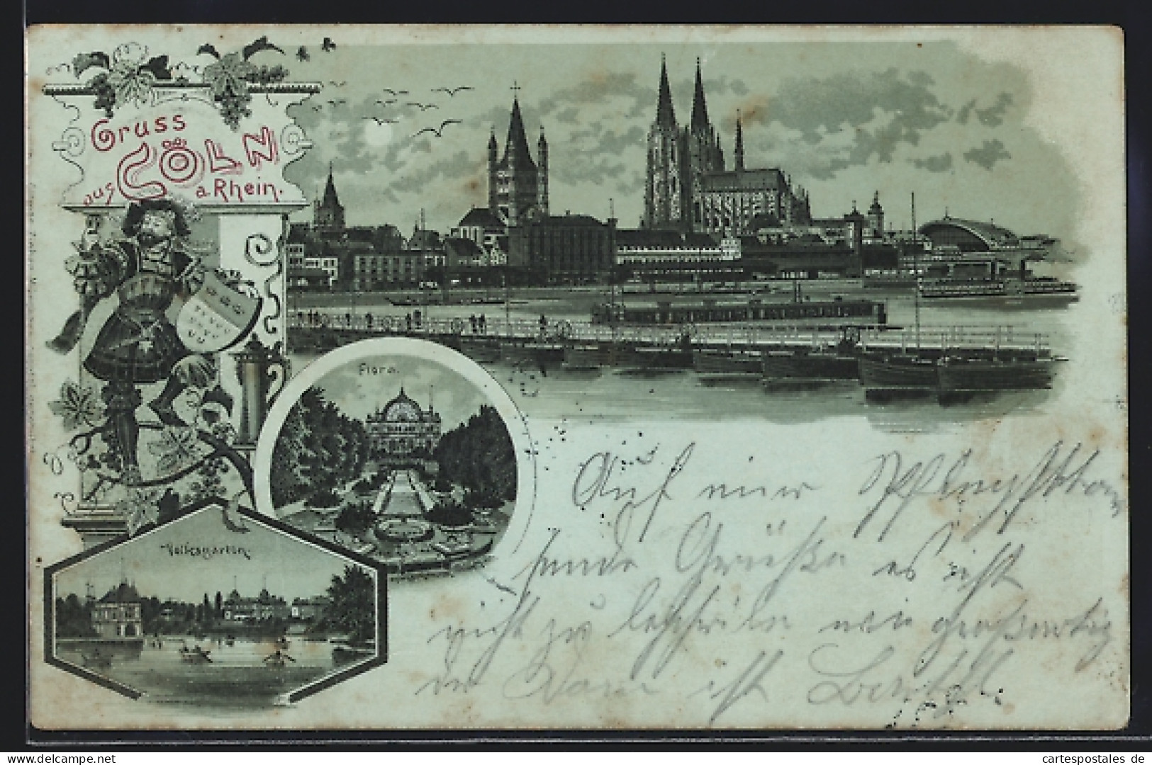 Mondschein-Lithographie Köln A. Rhein, Uferpartie Mit Dom, Flora, Volksgarten  - Köln