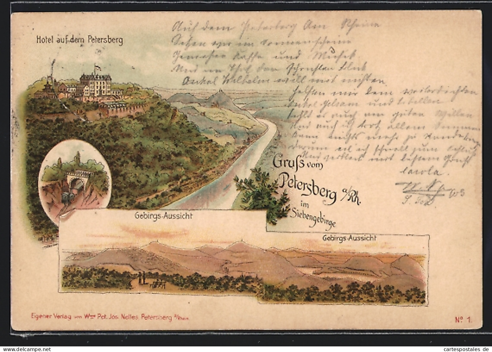 Vorläufer-Lithographie Petersberg A. Rh., 1894, Hotel Auf Dem Petersberg, Aussicht Auf Das Siebengebirge, Ortspartie  - Petersberg