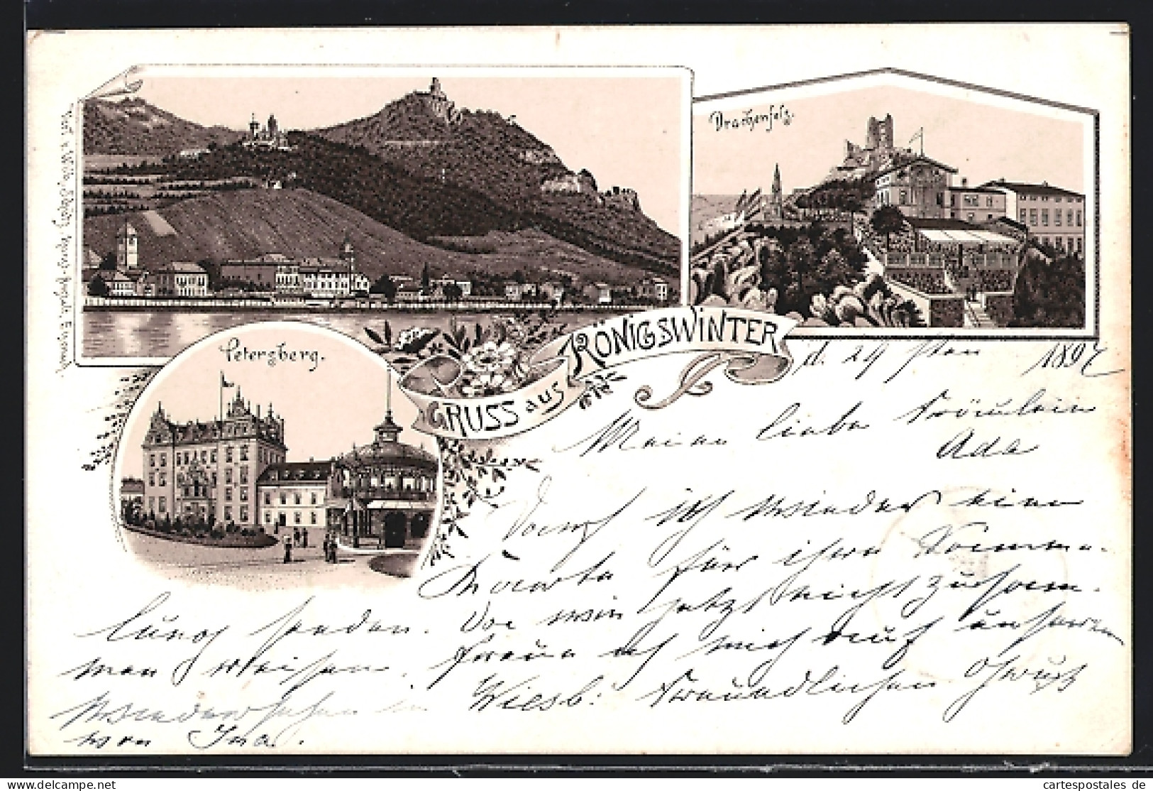 Lithographie Königswinter, Hotel Petersberg, Drachenfels, Blick Zum Ort  - Petersberg