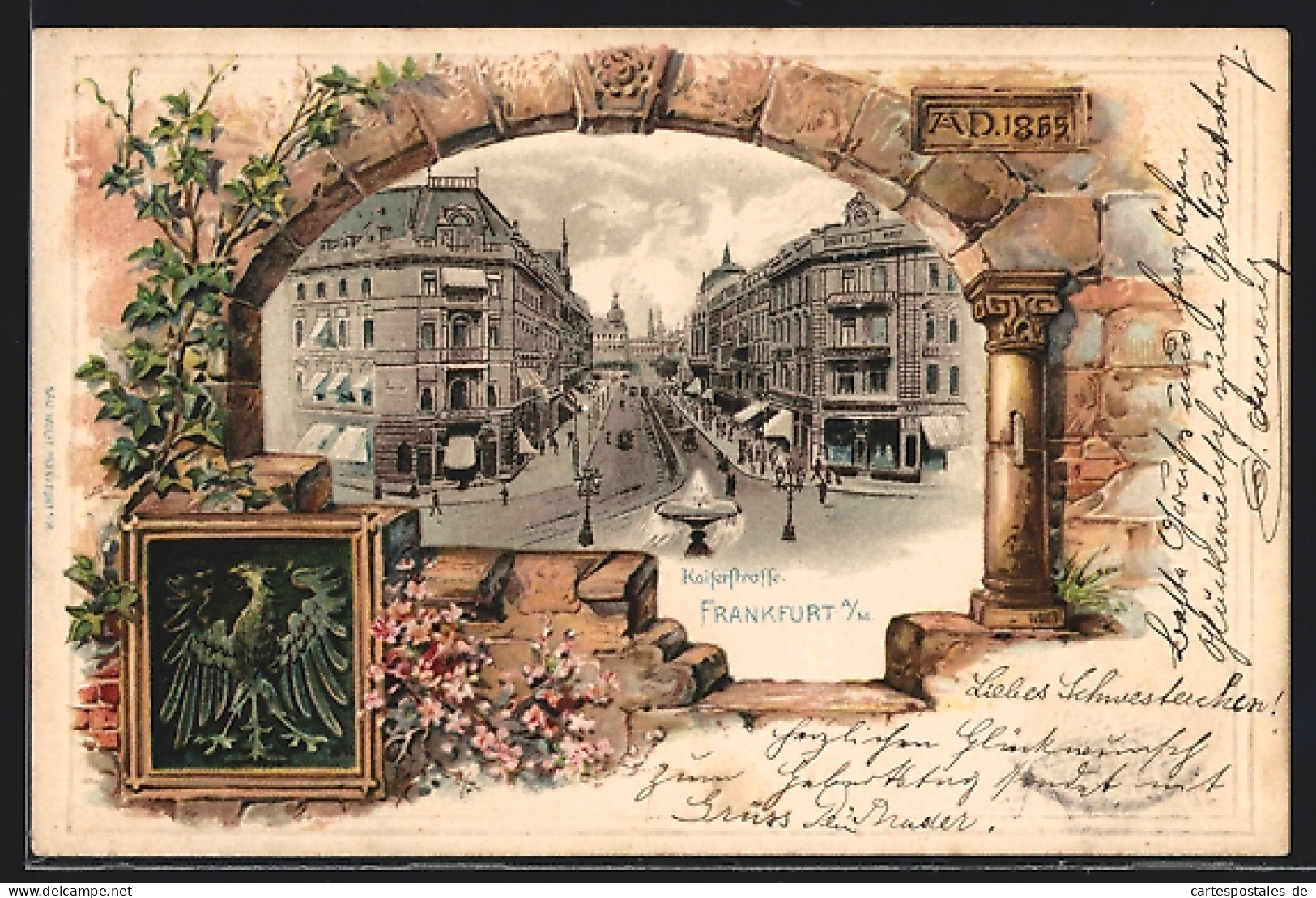 Passepartout-Lithographie Frankfurt, Kaiserstrasse Mit Brunnen, Geschäften, Mauerpasspartout Mit Rundbogen, Wappen  - Frankfurt A. Main