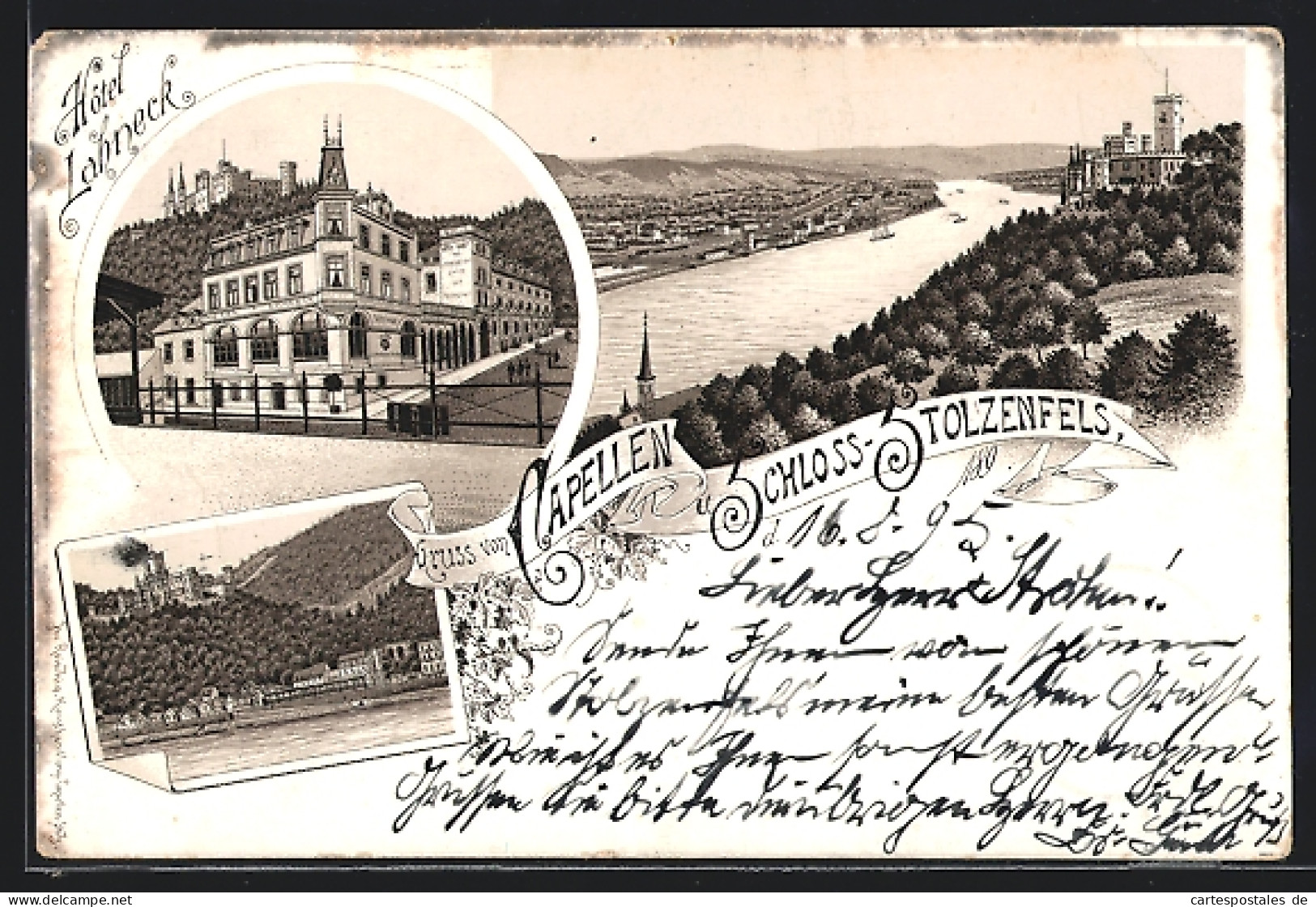 Vorläufer-Lithographie Capellen / Koblenz, 1895, Hotel Lahneck, Schloss-Stolzenfels, Uferpartie  - Koblenz
