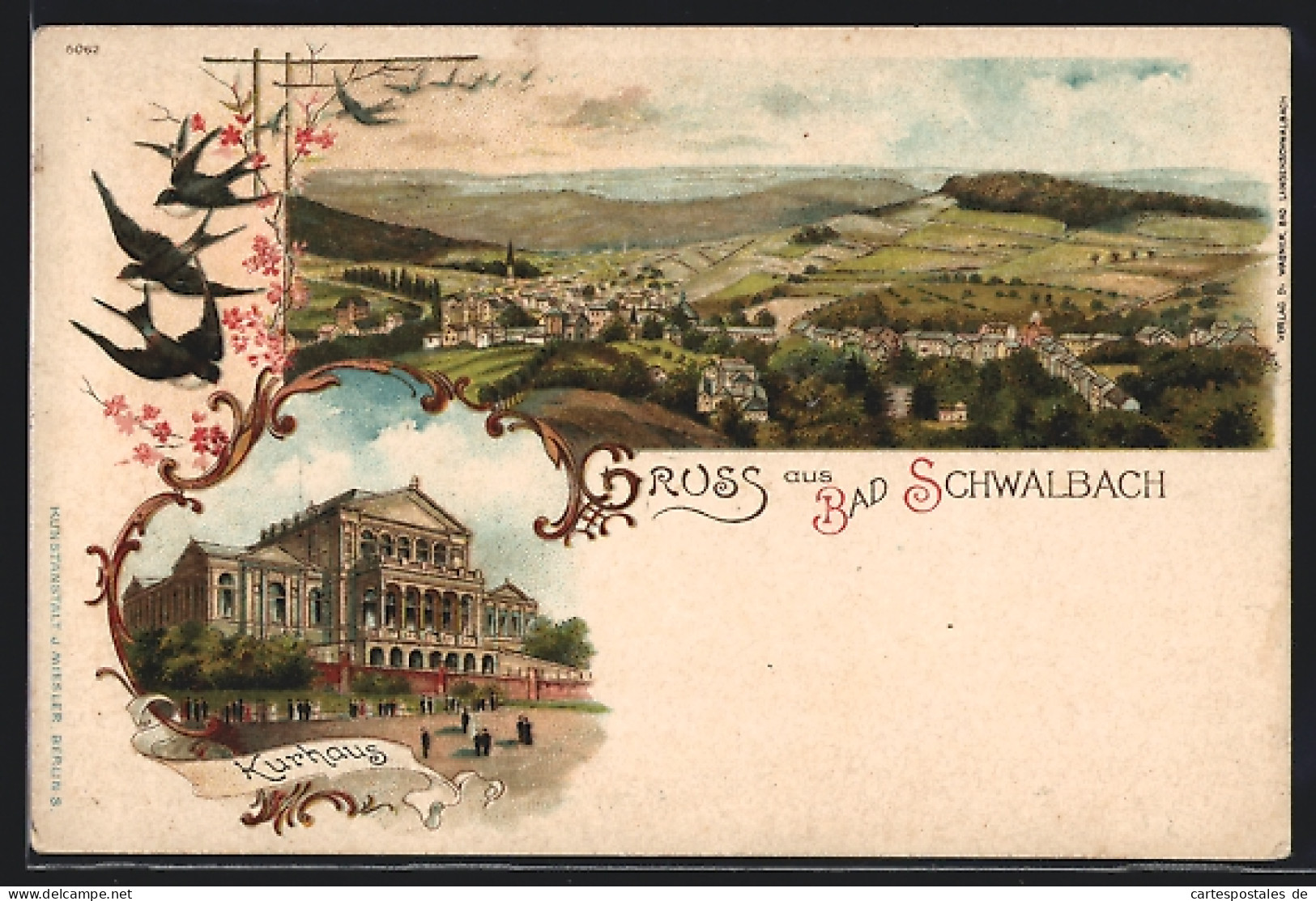 Lithographie Bad Schwalbach, Kurhaus, Ortsansicht Aus Der Vogelschau  - Bad Schwalbach