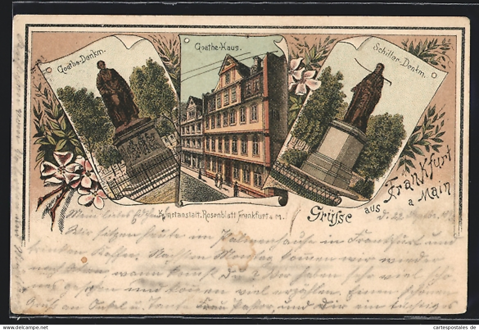 Vorläufer-AK Frankfurt A. Main, 1893, Geothe-Haus, Goethe-Denkmal, Schiller-Denkmal  - Frankfurt A. Main