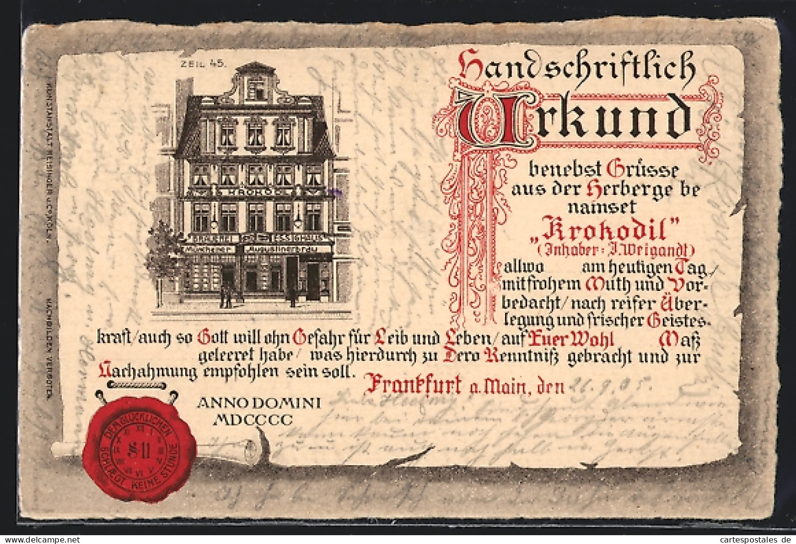 Lithographie Frankfurt A. Main, Gasthaus Zum Krokodil, Urkunde Mit Siegel  - Frankfurt A. Main