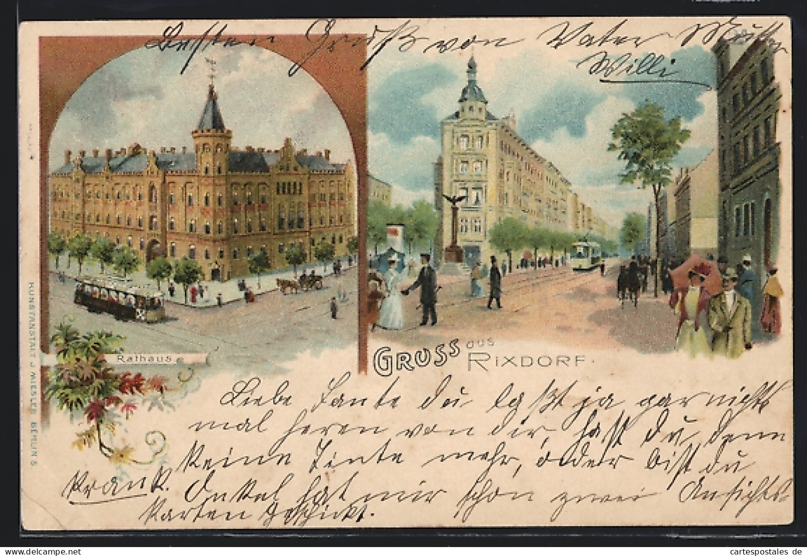 Lithographie Berlin-Rixdorf, Rathaus Und Strassenbahn, Strassenpartie  - Neukölln