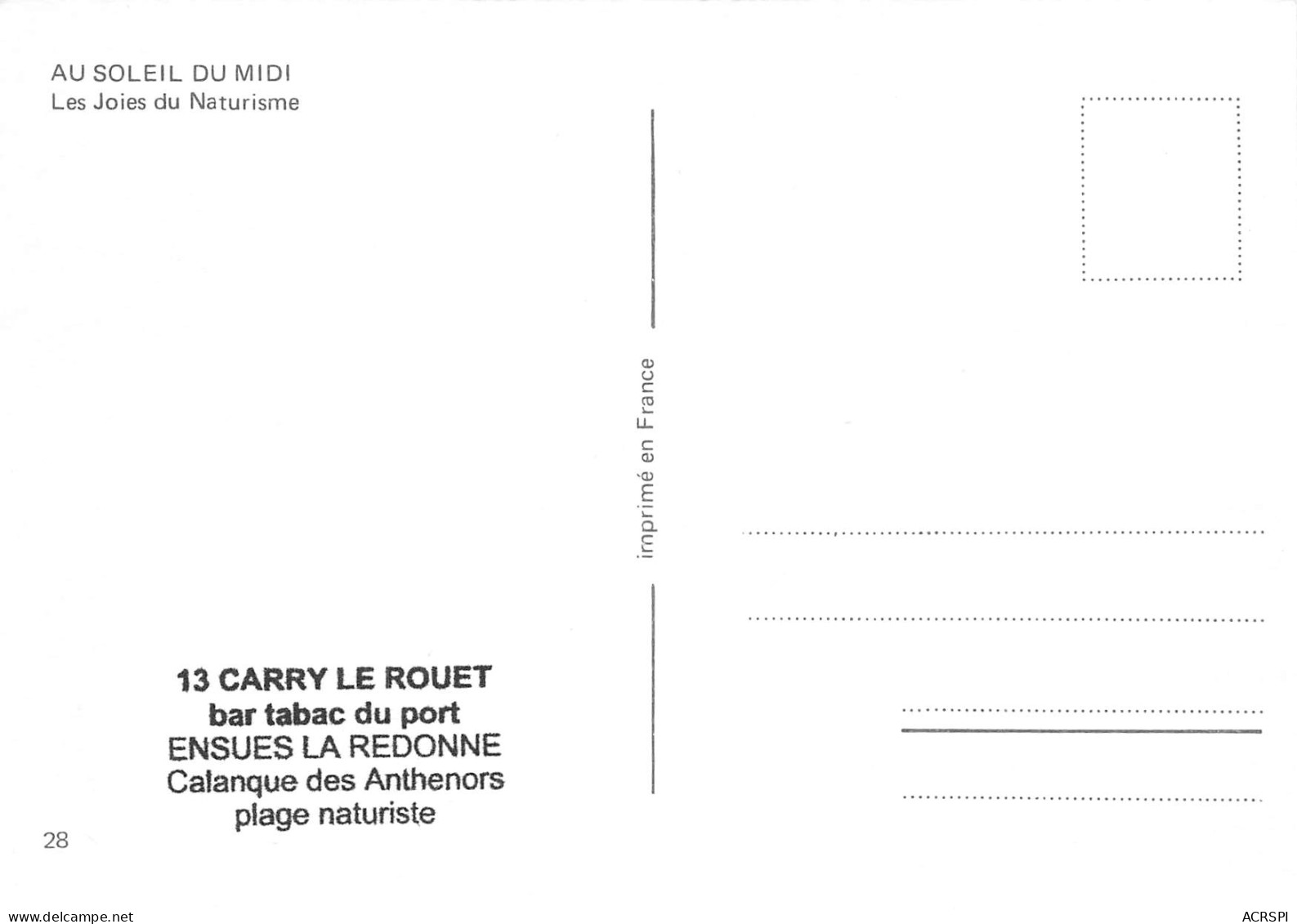 13 CARRY LE ROUET Anthenors Naturiste Nu Nue Nude Naked Bar Tabac Du Port Ensues La Redonne  N° 100 \MK3004 - Carry-le-Rouet