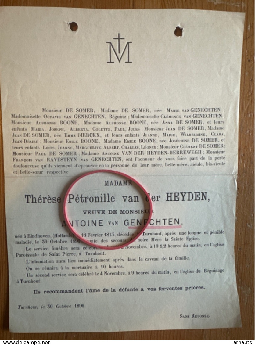 Made Therese Van Der Heyden Veuve Antoine Van Genechten *1813 Eindhoven Hollande +1896 Turnhout De Somer Boone Dierckx H - Todesanzeige