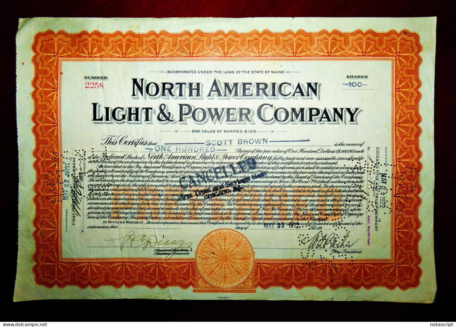 NORTH AMERICAN LIGHT & POWER COMPANY,Maine (US) 1921-23 Share Certificate,cancelled - Elettricità & Gas