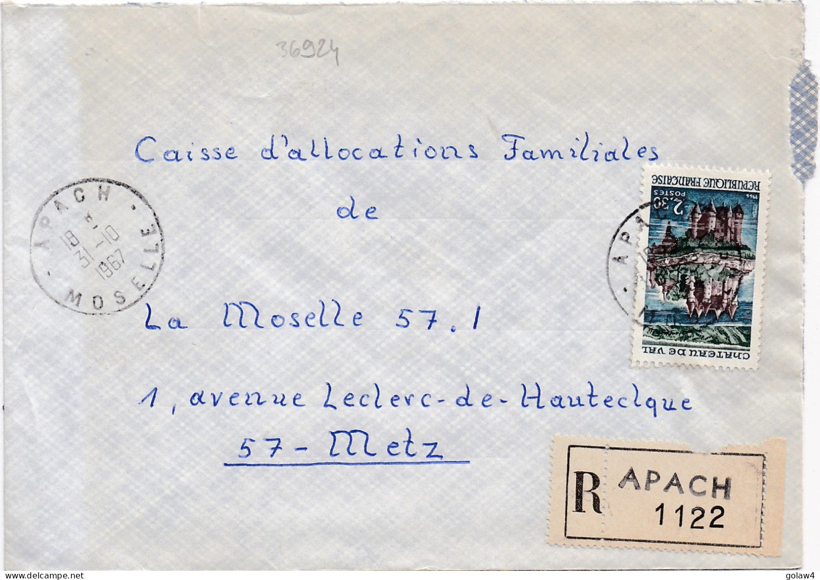 36924# LETTRE FRANCHISE PARTIELLE RECOMMANDE Obl APACH MOSELLE 1967 Pour METZ 57 - Covers & Documents
