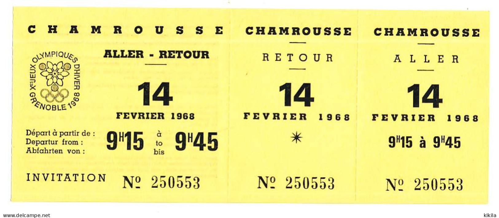 Billet De Transport Aller Retour GRENOBLE - CHAMROUSSE 14 Février 1968 Jeux Olympiques D'hiver Grenoble Slalom Spécial - Europa