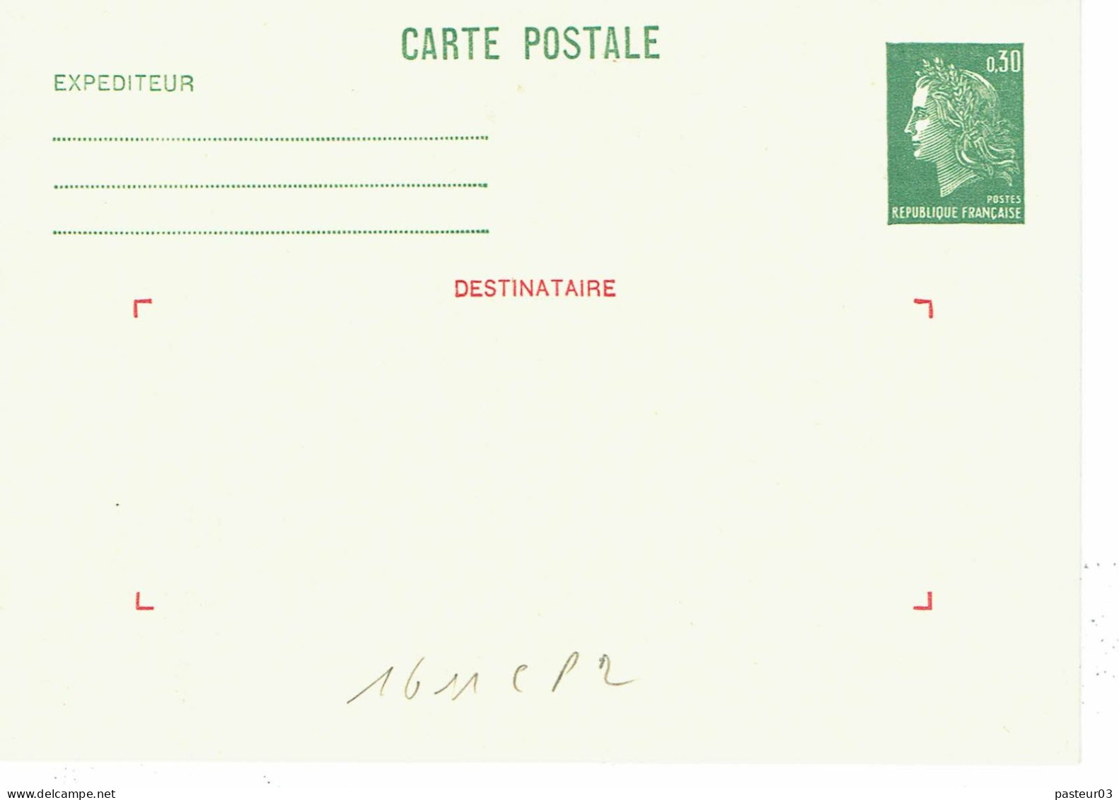 1611 CP 2 Marianne De Cheffer 30 C. Vert Neuf - Cartes Postales Types Et TSC (avant 1995)