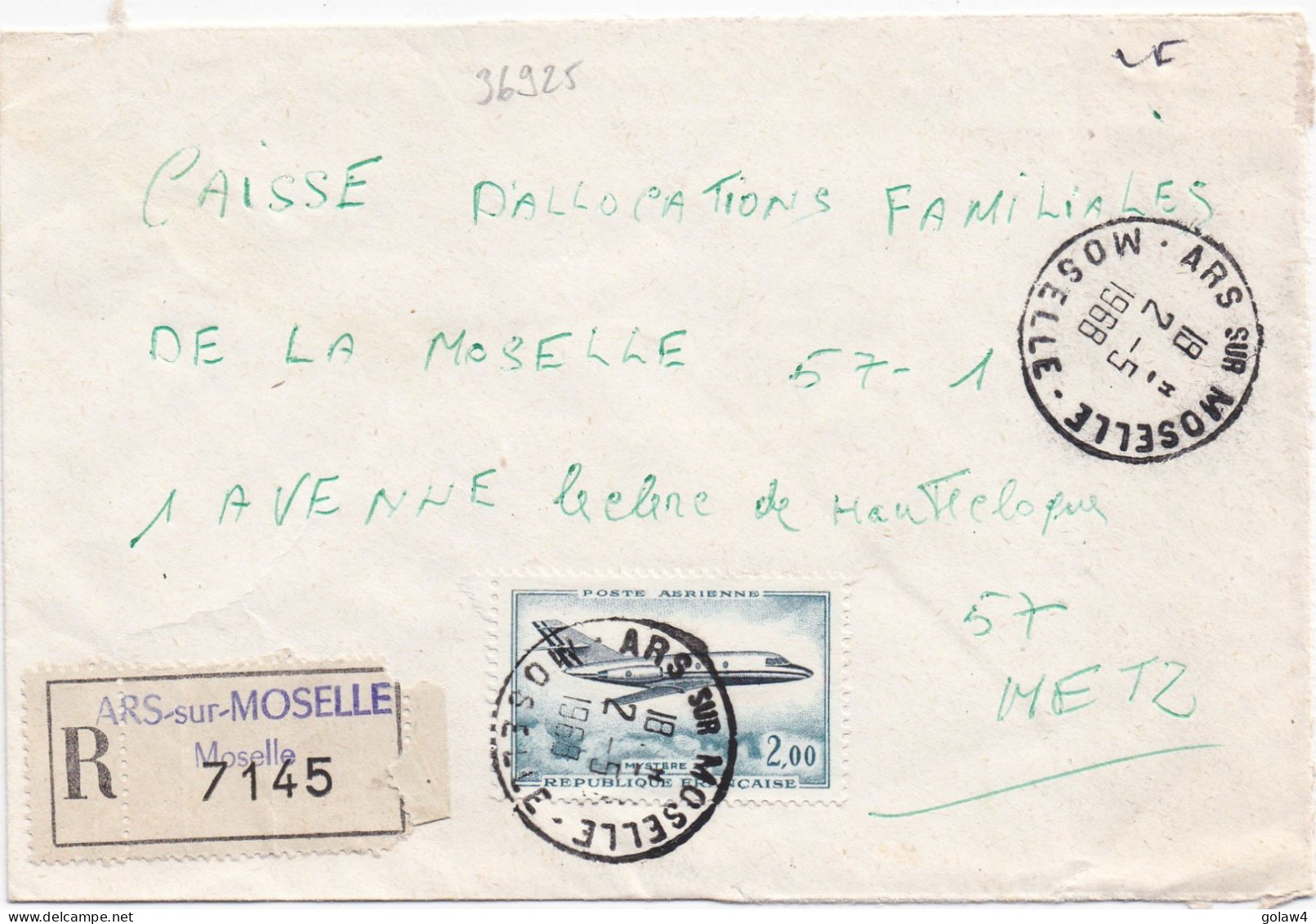 36925# LETTRE FRANCHISE PARTIELLE RECOMMANDE Obl ARS SUR MOSELLE MOSELLE 1968 Pour METZ 57 - Cartas & Documentos