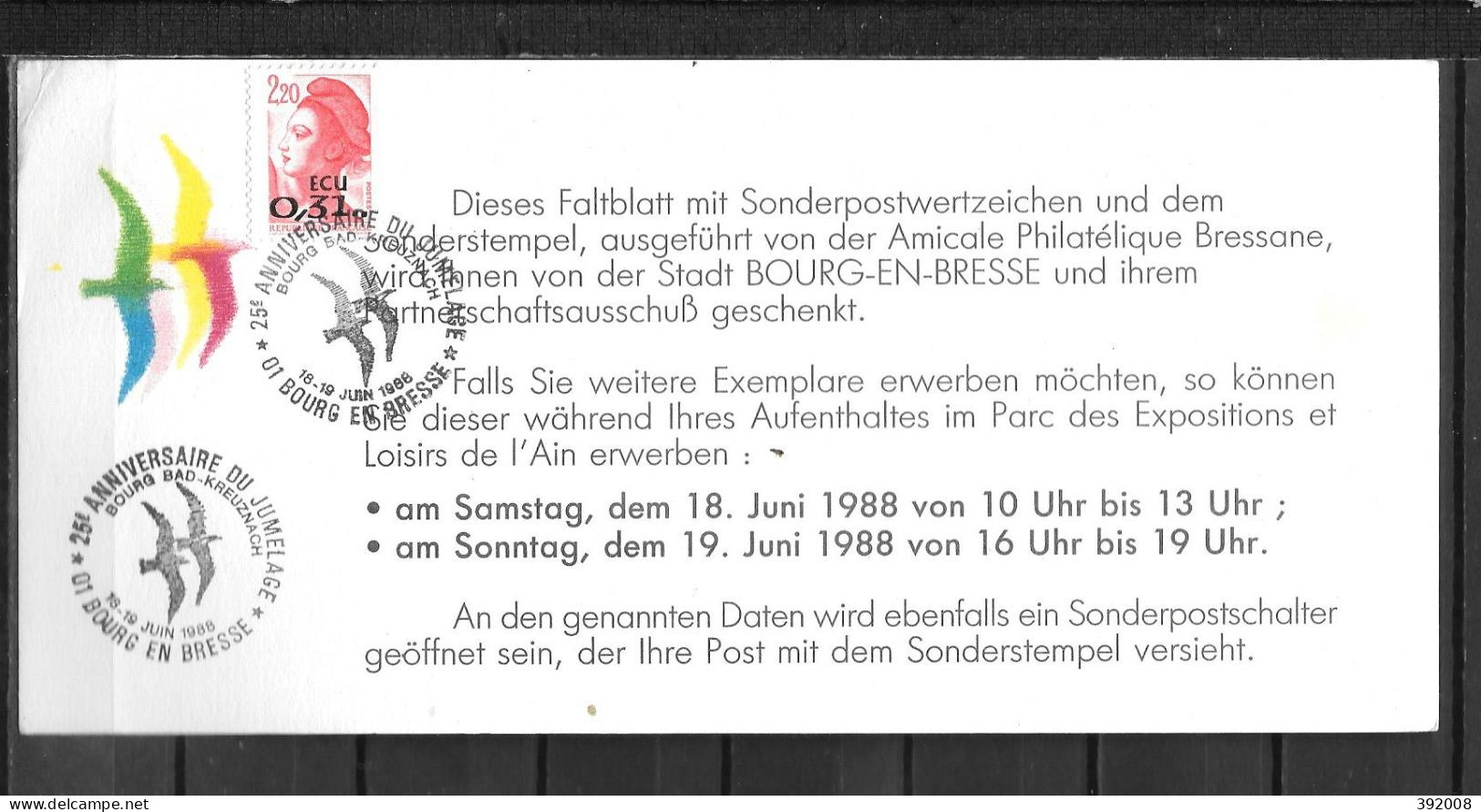 BOURG EN BRESSE - 1986 - 25 Ans Jumelage Bad Kreuznach - Pliure En Haut à Droite - 13  - Sonstige & Ohne Zuordnung