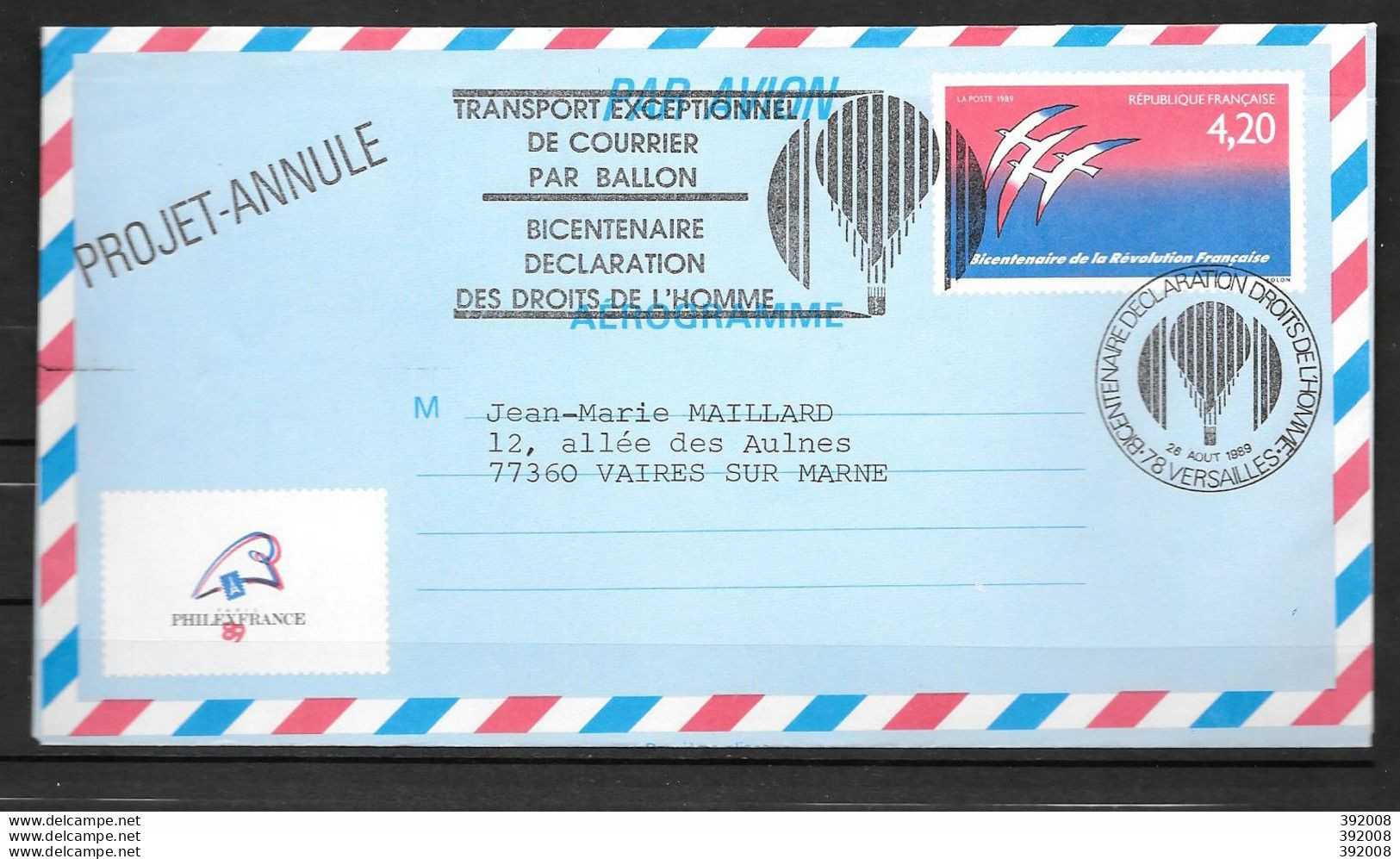 Aérogramme - 1989 - 1017** - 200 Ans Révolution Française - Transport Par Ballon Annulé - 7 - Other & Unclassified