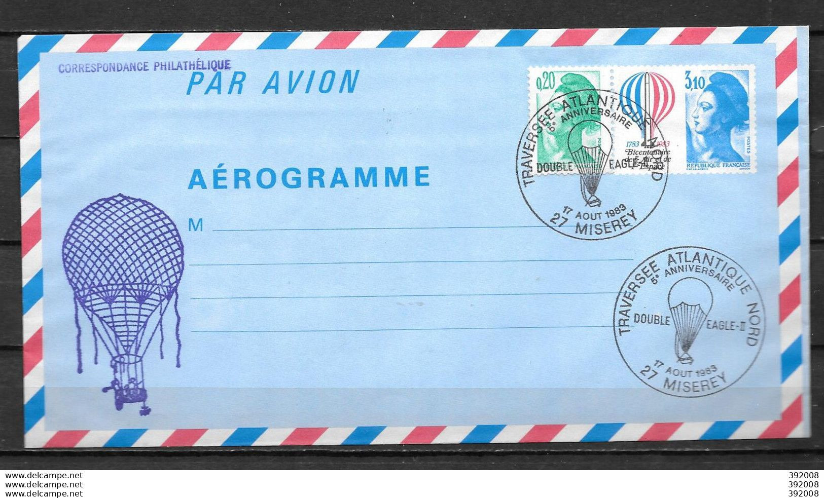 Aérogamme - 1983 - 1010** - Bicentenaire De L'air Et De L'espace -EAGLE II - Traversée Atlantique Nord 1983 - Misererey  - Sonstige & Ohne Zuordnung