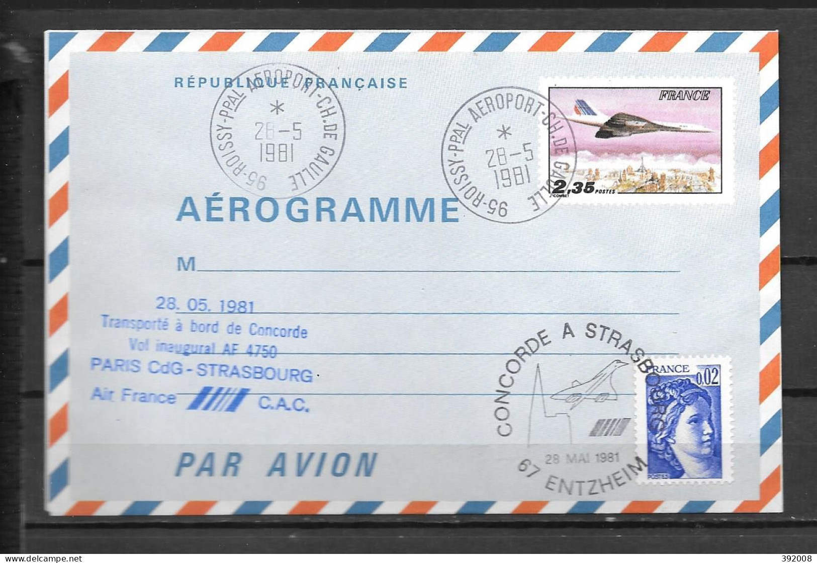 Aérogramme - 1005** - Concorde - 1981 - Vol Inaugural Paris-Strasbourg - 5 - Other & Unclassified